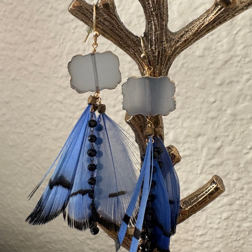 Anthropologie Blue and Black Feather Earrings